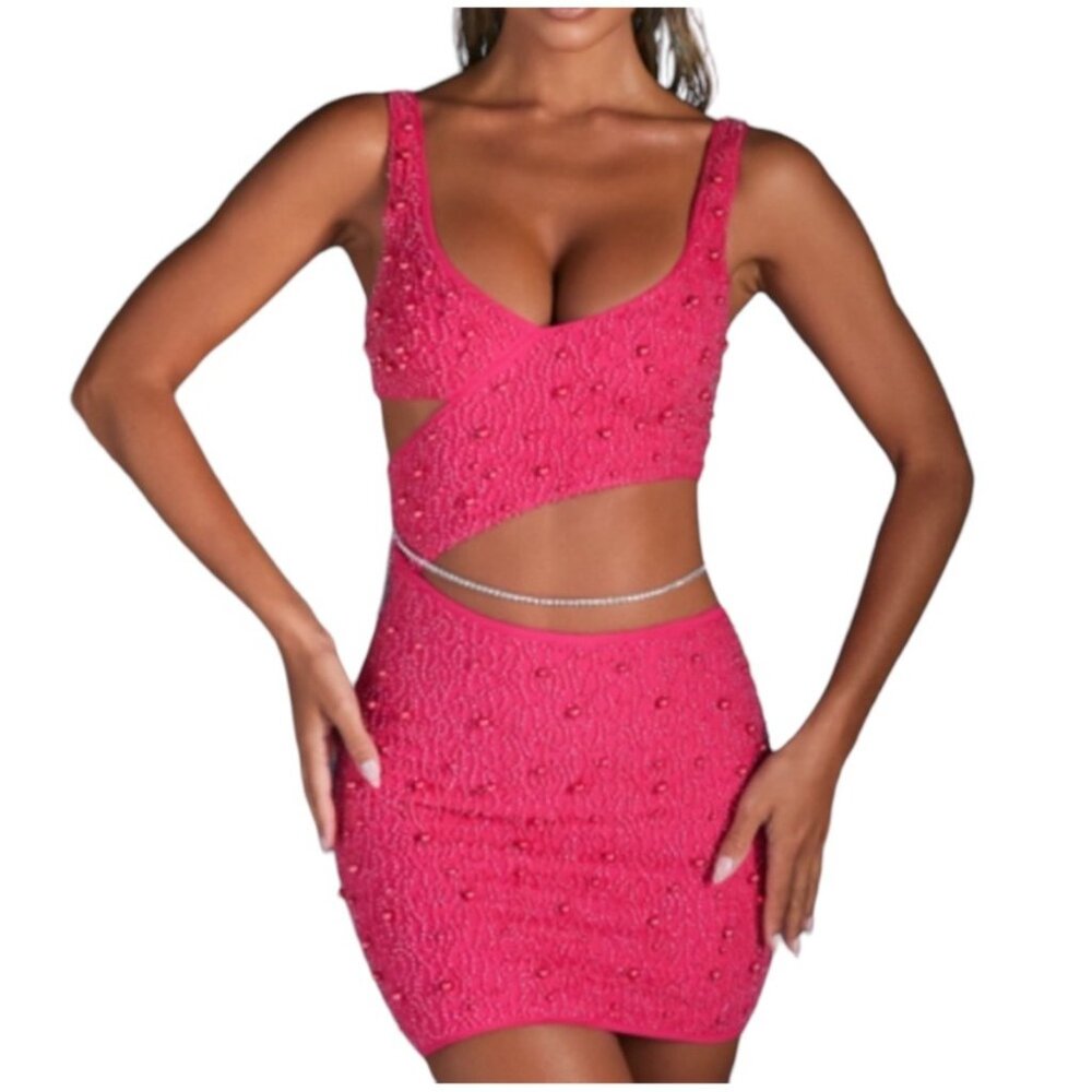 Oh Polly EPERNAY EMBELLISHED CUT OUT MINI DRESS IN PINK